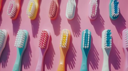 toothbrushes of different sizes and colors, on pastel color background, oral health concept generative ai