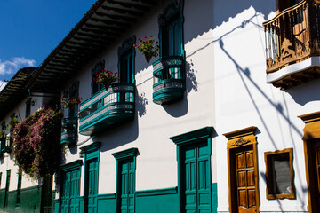 Beautiful facade of the houses at the historical downtown of the heritage town of Salamina located at the Caldas department in Colombia.