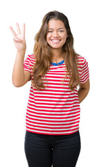 Young beautiful brunette woman wearing stripes t-shirt over isolated background showing and pointing up with fingers number three while smiling confident and happy.