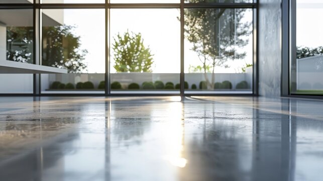 The sleek reflective surface of the polished concrete floor spans the length of the room catching and amplifying the natural light pouring in from the large windows. The result is .