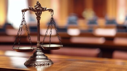 Elegant Bronze Scales of Justice on Wooden Desk in Courtroom