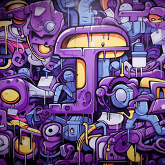 Naklejka na ściany i meble Realistic street art, doodles, tags and graffiti on a purple background kind of abstract