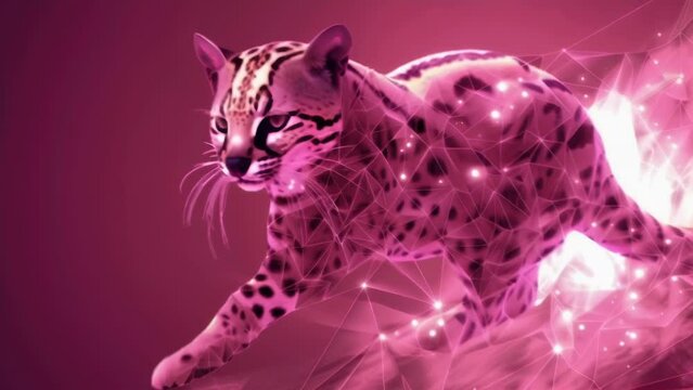 Digital art of an ocelot glowing in pink neon light. Paw extended as it fixes a keen gaze, as if targeting prey. 