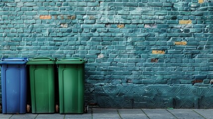 Obraz premium Three trash cans lined up on sidewalk
