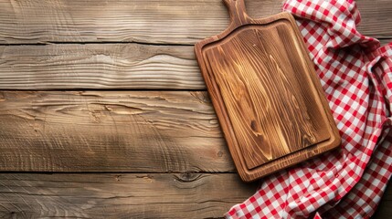 Wooden cutting board with red and white checkered cloth