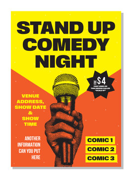 Open mic night or stand up comedy show poster or flyer or banner design template with hand holding opened microphone on yellow and orange background. Vector illustration