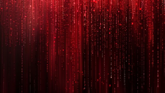 abstract red binary code background with glowing vertical numbers, representing a technology and data concept