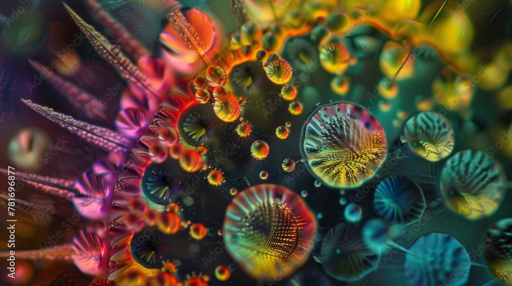 Poster a microscopic examination of a single pollen grain revealing a stunning array of vibrant colors and 