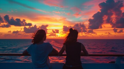 Fototapeta premium Two friends watching the sunset from the yacht deck backs turned towards the camera as the sky is lit up in vibrant hues. . .