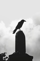 Fototapeta premium A raven perched atop a tombstone, with both elements silhouetted against a stark, gray sky, illustration made with Generative Ai