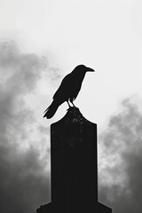 Obraz premium A raven perched atop a tombstone, with both elements silhouetted against a stark, gray sky, illustration made with Generative Ai