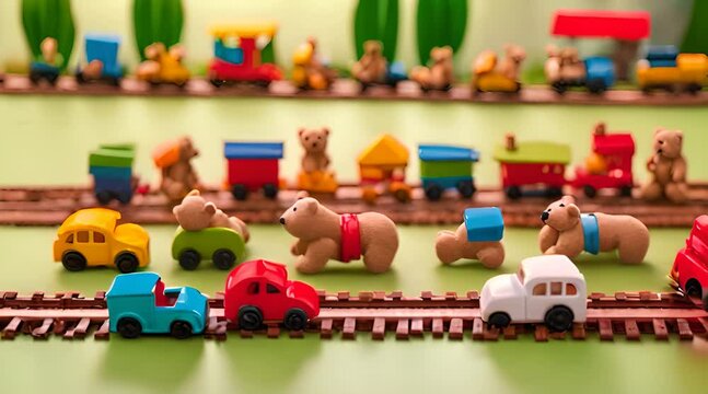 Background of Baby and Kids’ Toys, Wooden Train, and Toy Cars