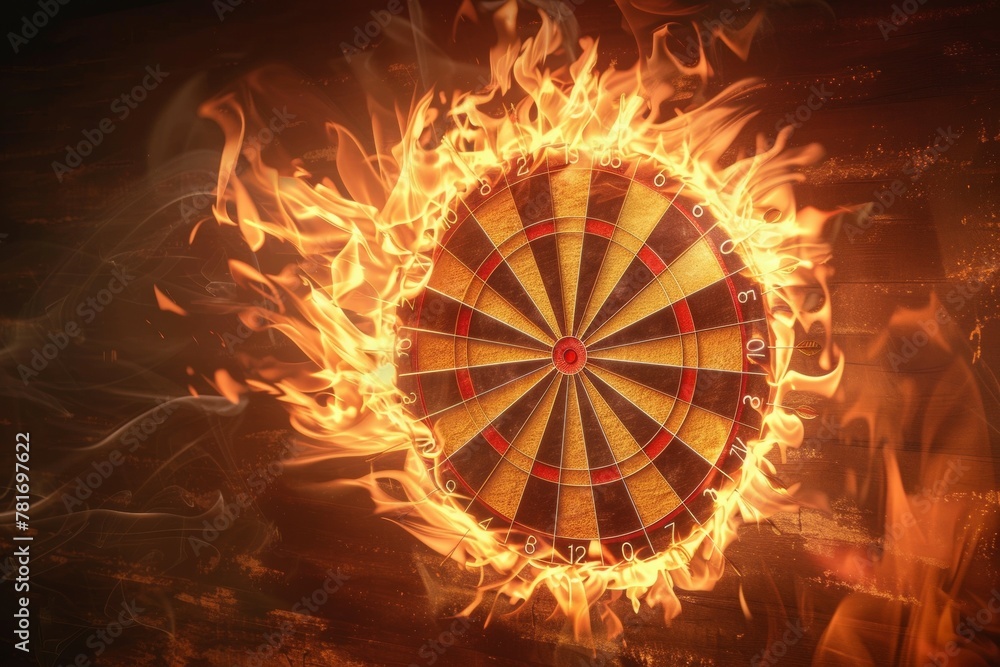 Poster a close up of a dartboard with flames surrounding it. business concept