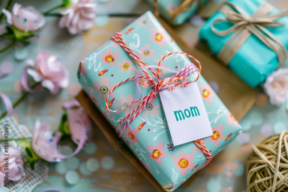 Poster A gift wrapped in a blue floral wrapping paper with a tag that says Mom. Happy Mother's Day concept