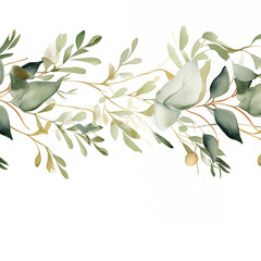 Watercolor illustration with green gold leaves and branches