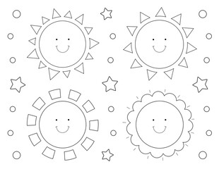 cartoon sun coloring page for kids. four cute designs to color. you can print it on standard 8.5x11 inch paper