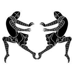 Symmetrical design with two medieval soldiers in dynamic pose. Black and white silhouette.