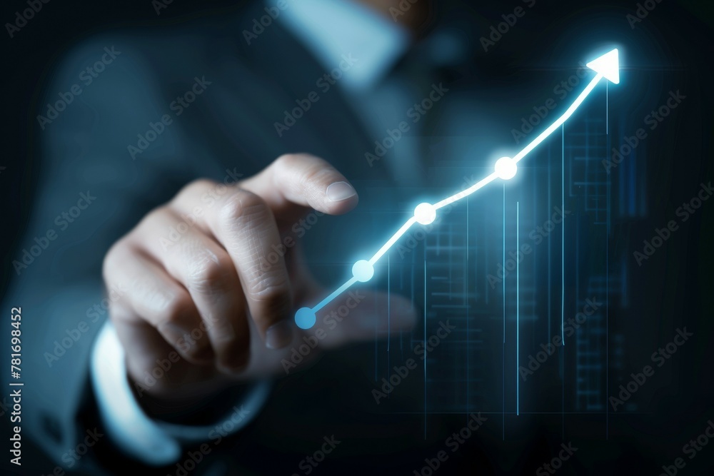 Poster a man is pointing at a graph with a blue arrow