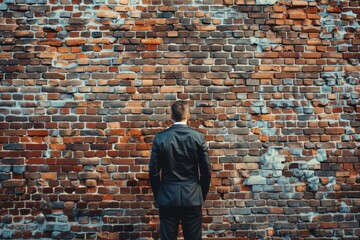 Fototapeta na wymiar A businessman stands in front of a dead end with a brick wall. Business concept. Background