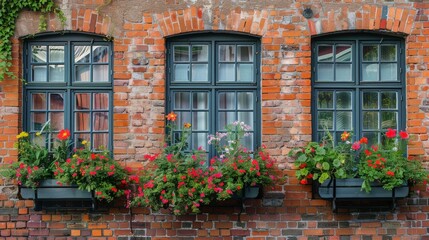 Three windows adorned with blooming flowers on a rustic brick building