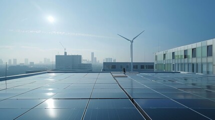 An urban rooftop covered in solar panels with a small wind turbine spinning in the wind. . - obrazy, fototapety, plakaty