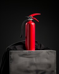 A red fire extinguisher is on top of a black box