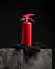A red fire extinguisher is sitting on a black surface