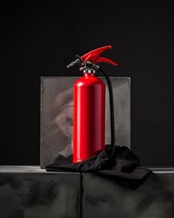 A red fire extinguisher is on a grey surface