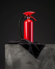 A red fire extinguisher is on a black surface