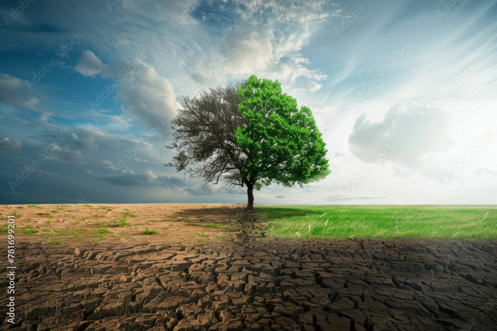 Poster tree in drought concept. climate change and environmental problems. backdrop with selective focus