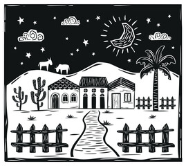 Village of farm houses in the interior of the country. Woodcut in the cordel style of northeastern Brazil. Vector illustration.eps