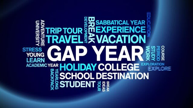 Gap Year animated word cloud;text design animation tag kinetic typography seamless loop.