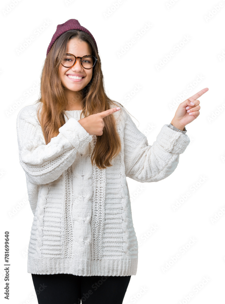 Sticker young beautiful brunette hipster woman wearing glasses and winter hat over isolated background smili