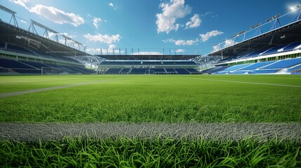 soccer stadium, green grass, blue sky, view from playground, game realistic graphics, hdr