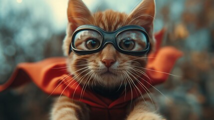 Adorable cat in red superhero cape and mask flying in the sky. Cat in red superhero cape and mask flying in the sky. Cat concept. Fun concept
