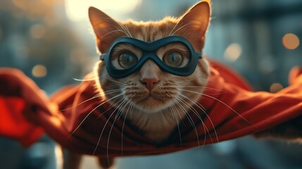 Adorable cat in red superhero cape and mask flying in the sky. Cat in red superhero cape and mask flying in the sky. Cat concept. Fun concept
