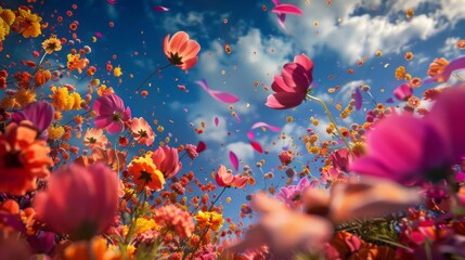 Watch in awe as the sky comes alive with bursts of flower petals a colorful and dynamic celebration of spring and all its beauty. - obrazy, fototapety, plakaty
