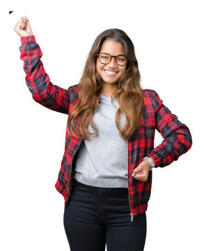 Young beautiful brunette woman wearing jacket and glasses over isolated background Dancing happy and cheerful, smiling moving casual and confident listening to music