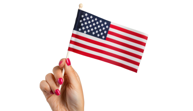 Female hand holding USA flag over isolated transparent background