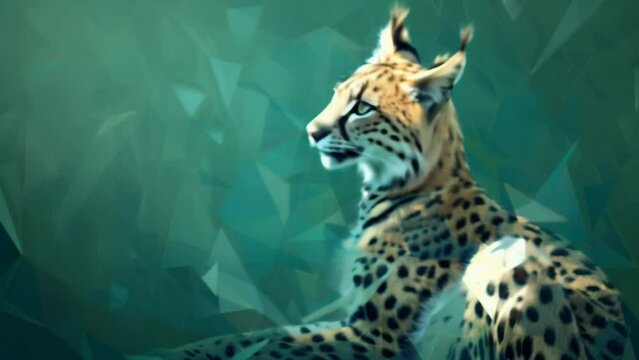 A serval cat with geometric patterns scattered across its body is depicted against a green background. 