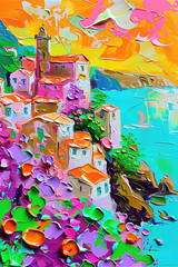 Amalfi Coast vibrant impasto oil and brushstroke painting with splashes of orange, pink and green neon. Palette knife, illustration made with Generative Ai