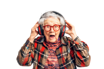 Caucasian funny granny enjoying listening to music with wireless headphones over white transparent background