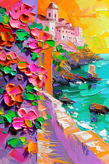 Amalfi Coast vibrant impasto oil and brushstroke painting with splashes of orange, pink and green neon. Palette knife, illustration made with Generative Ai