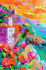 Amalfi Coast vibrant impasto oil and brushstroke painting with splashes of orange, pink and green neon. Palette knife, illustration made with Generative Ai