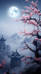 scenery under the moon, plum blossom, snow scene, ancient chinese style, surrounded by white smoke, plum blossom, frost, light, aesthetics, ethereal, fairy tale, surreal, fantasy, ultra high definitio