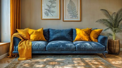A blue couch with yellow pillows sits in a room with a yellow wall