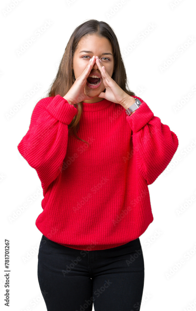 Poster young beautiful brunette woman wearing red winter sweater over isolated background shouting angry ou