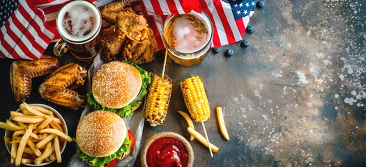 Table top view of traditional food for USA 4th July Independence Day. Copy space for advertisement