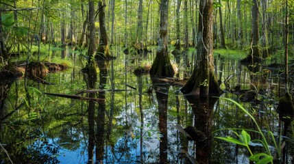 Swamp scenery with tall trees and water upfront - obrazy, fototapety, plakaty