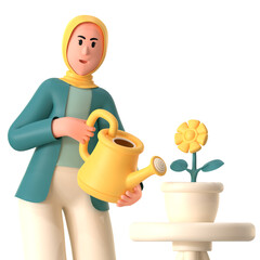 Female Muslim Plating flower and watering on Eid Ramadan Kareem 3D Activity